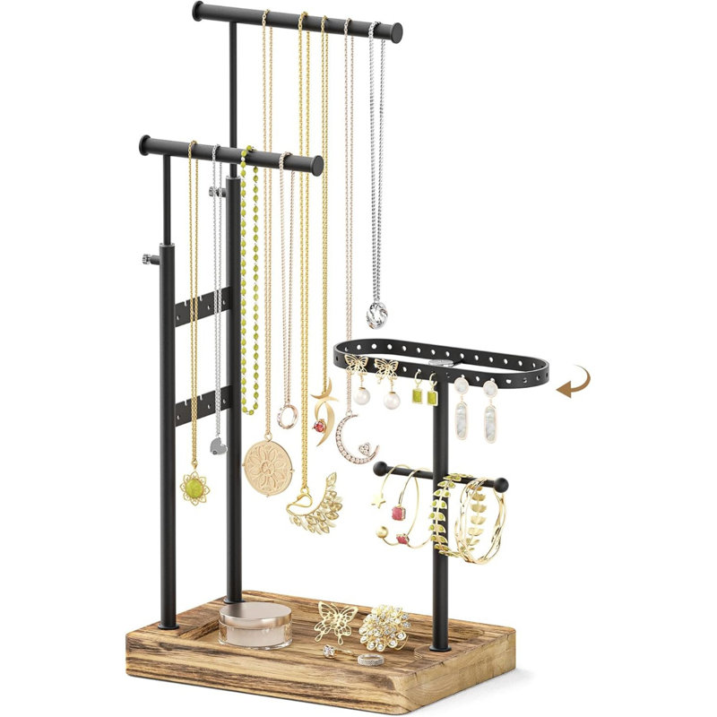 Latitude Run Jewelry Organizer Stand Necklace Holder Stand With Height Adjustable Design Rotatable Jewelry Holder For Long Necklaces Earrings Jewlery Display And Storage Carbonized Black And Black Way...
